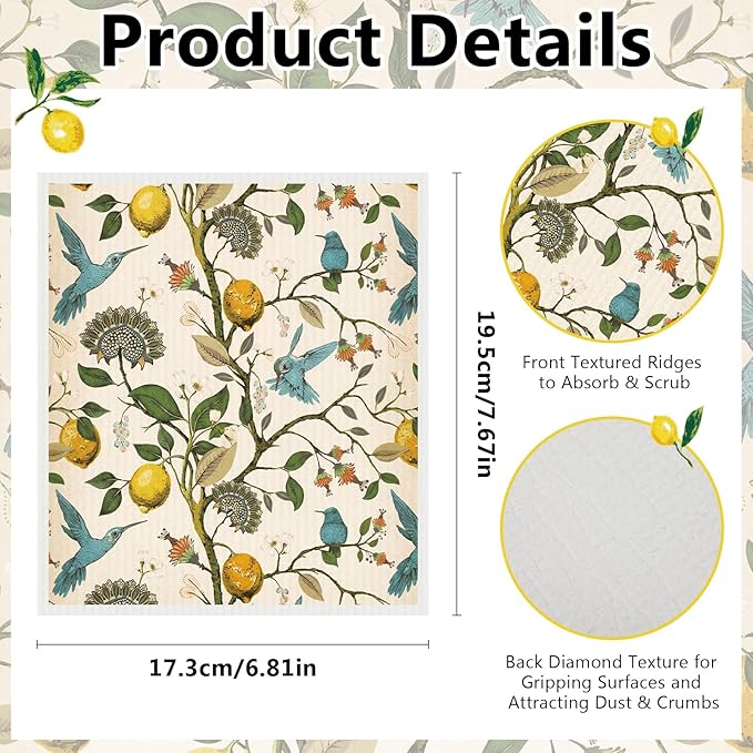 Sliner Swedish Lemon Birds Dishcloths for Kitchen Dish Towels 6 Pack Reusable, Machine Washable Non-Scratch Reusable Paper Towels Absorbent Washable Dish Cloths