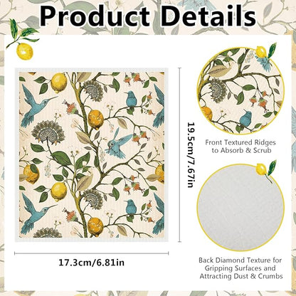 Sliner Swedish Lemon Birds Dishcloths for Kitchen Dish Towels 6 Pack Reusable, Machine Washable Non-Scratch Reusable Paper Towels Absorbent Washable Dish Cloths