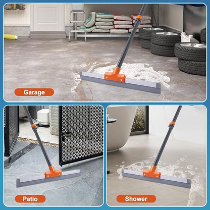 CLEANHOME Rubber Floor Squeegee for Concrete Floor, Tile Floor, Metal Aluminium Heavy Duty Garage Shower Floor Squeegee Broom for Removing Water, Commercial Scrubber Mop with Extendable Long Handle