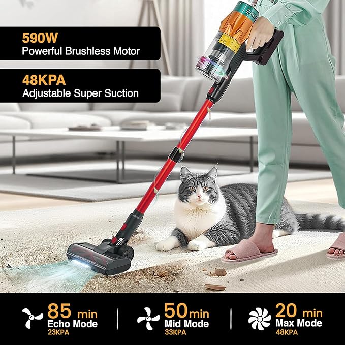 Cordless Vacuum Cleaners-48 KPa/580W with Upto 90Mins Runtime | Stick Vacuum Cleaner with 2 Hepa Filters-Wall Mounted-Touchscreen-Anti-Tangle Brush (UK Plug)