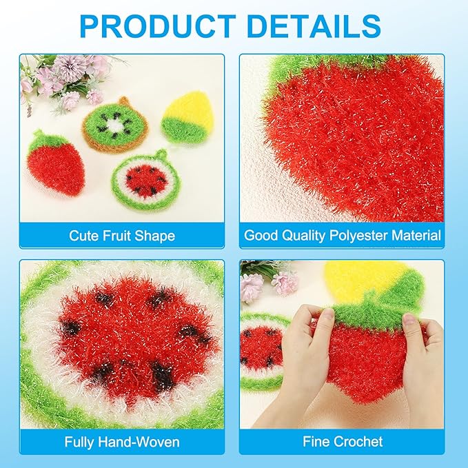 PATIKIL Dish Scrubber, 4 Pcs Non Scratch Cleaning Sponge Hand Crochet Double Layered Durable Dish Cloth Kitchen Sponge for Washing Dishes for Cookware Tubs, Watermelon & Fruit & Strawberry