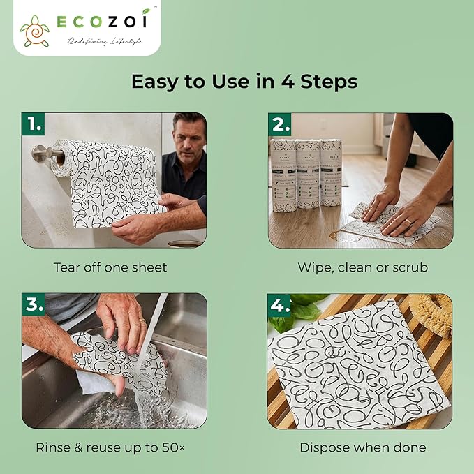 Ecozoi Bamboo Rayon Reusable Towels - 4 Pack | Equivalent to 80 Regular Rolls | 70% Rayon from Bamboo and 30% Cotton Kitchen Paper Rolls | 50 Times More Usage than Regular Paper Rolls