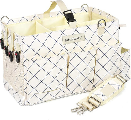 Cleaning Caddy for Cleaning Supplies - Large Cleaning Bag Organizer Tote with Shoulder Strap, Mesh Base & Adjustable Dividers - Heavy Duty Cleaning Bags for Housekeepers (Blue Check, Large)