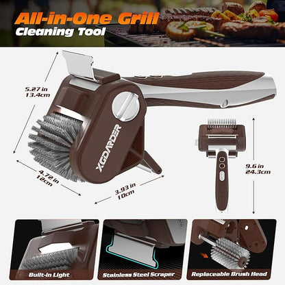 Electric Grill Brush for Outdoor Grill, Rechargeable BBQ Grill Cleaner Stainless Steel Brush with 450RPM Stainless Roller,LED Light, Scraper,Grilling Gifts for Men/Dad