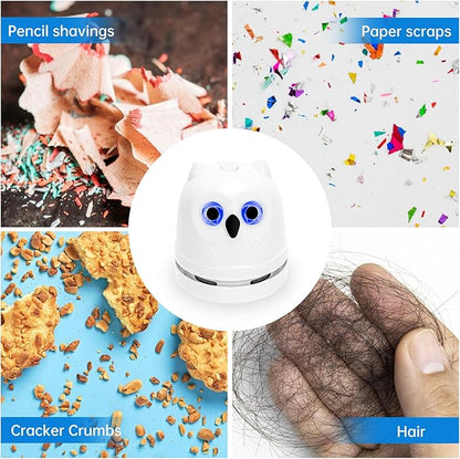 Mini Crumb Vacuum Cleaner Owl Tabletop Crumb Sweeper Vacuum USB Recharging Craft Desk Vacuum Cleaner for Glitter Paper Scraps Eraser Crumbs Pencil Shavings Cookie Crumbs