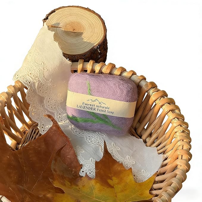 Handmade Felted Soap with Tibetan Yak Milk & Wool Natural Exfoliating Bar for Face & Body, 6 Scents, Includes Bamboo Dish & Travel Pouch (Lavender)