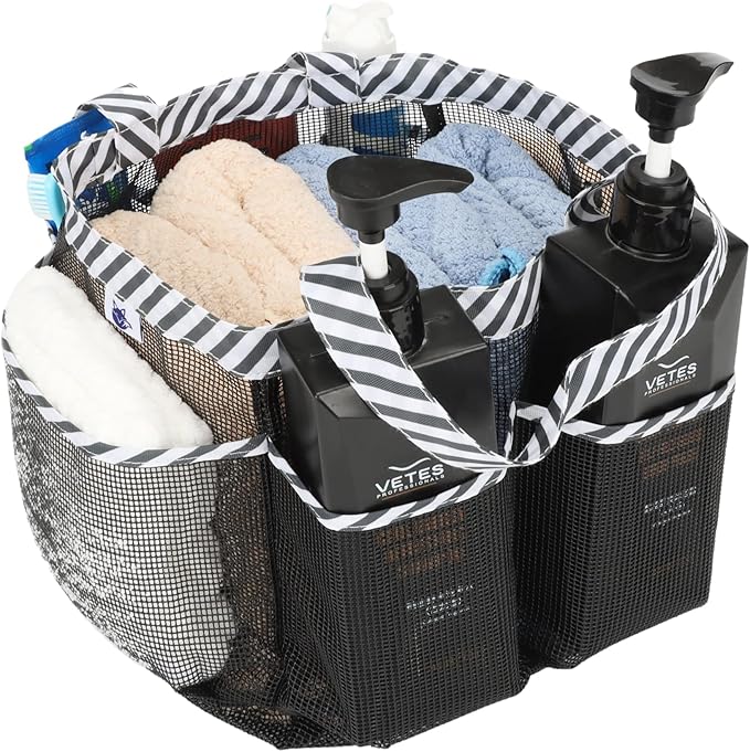 2 Pack Haundry Mesh Shower Caddy Tote Bag Hanging Portable Toiletry Bag College Dorm Essentials Quick Dry Bath Organizer for College Dorms, Gym, Camp for Bathroom Accessories(Black+Sky Blue)