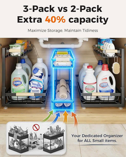 Sevenblue 3 Pack Under Sink Organizer, Height Adjustable 2 Tier Pull-Out Metal Under Kitchen Sink Organizer, Multi-Purpose Storage Shelves for Kitchen Bathroom Cabinet