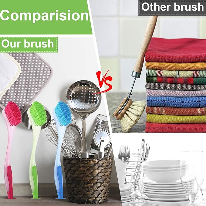 Boao 15 Pieces Long Dish Brush with Handle Assorted Color Dishwashing Brush with Suction Cup Multipurpose Cleaning Tool for Kitchen, Toilet, Etc