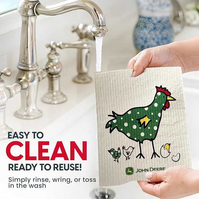 Wet-It! John Deere 2-Pack Sponge Cloths for Farmhouse Kitchen Décor, Absorbent Dishcloths for Cooking, Cleaning & Baking, Rustic Country Design for Everyday Use (Chix Towle)