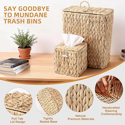 BSSN Boho Wicker Trash Can with Lid and Tissue Box Holder, Water Hyacinth Bathroom Small Waste Basket, Rattan Garbage Wastebasket with Lid for Bedroom,Toilet