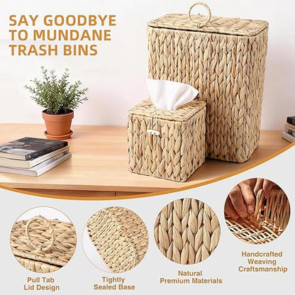 BSSN Boho Wicker Trash Can with Lid and Tissue Box Holder, Water Hyacinth Bathroom Small Waste Basket, Rattan Garbage Wastebasket with Lid for Bedroom,Toilet