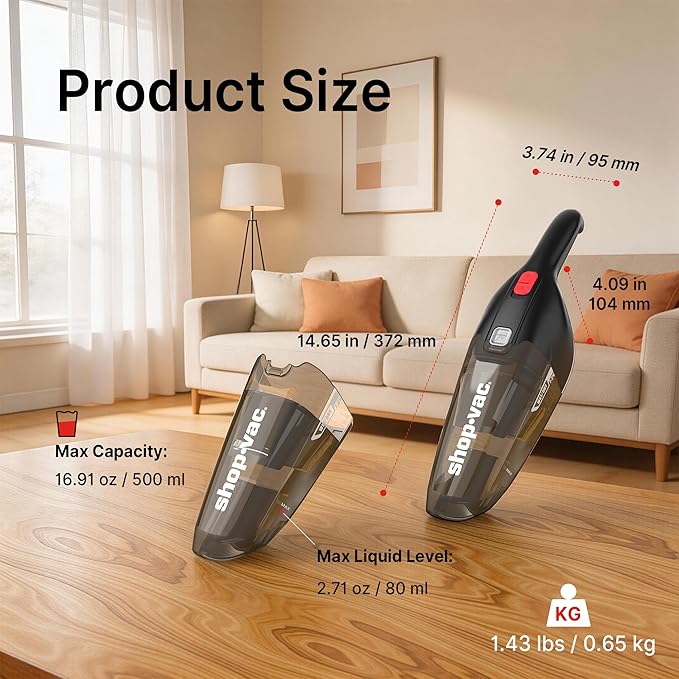 Shop-Vac Wet/Dry Handheld Vacuum, Powerful Small Vacuum Cordless Rechargeable, Wall-Mounted Hand Vac with Crevice Tool, Portable Vacuum for Home & Car, Lightweight & Compact, Black