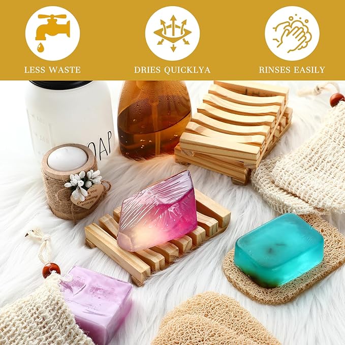 Baderke 36 Pcs Soap Saver Set for Packaging Gift Including Wooden Dish Holder Exfoliating Bag with Drawstring Soap Pads for Mother's Day Bar Wedding Baby Shower Homemade Gift(Wood Color)