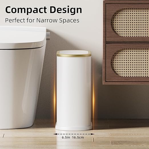 KSSKSS 1.8 Gallons Small White Bathroom Trash Can with Lid, Slim Bathroom Garbage Bin, Dog Proof Trash Can with Pop-Up Lid for Bedroom,Toile, White