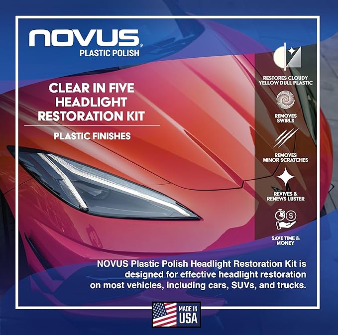 NOVUS Clear in Five Headlight Restoration Kit | 2 Ounce #1, 2, & 3 Bottles, Buffing Pad, Backing Pad Drill Attachment, 1,000 Grit Sanding Disk, 3 Polish Mates