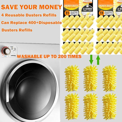 Reusable Duster for Swiffer, 4 Refills +1 Handle, 360 Heavy Duty Duster Refill Compatible with Swiffer Hand Dusters, for Dusting Furniture, Blinds, Ceiling Fans, Walls and More, Yellow