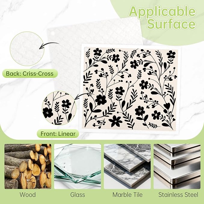 Swedish Dishcloths for Kitchen, 5 Pack Flower Line Reusable Paper Towels with 3 Hooks, Washable Dish Cloth Set, Absorbent Cleaning Cloth for Home Washing Dishes Housewarming Gifts for Friend