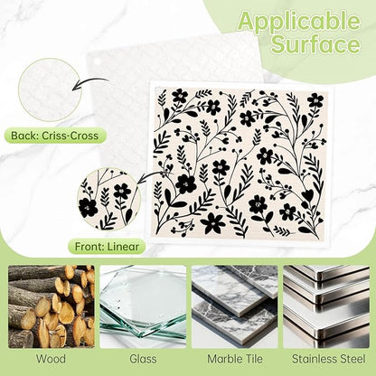 Swedish Dishcloths for Kitchen, 5 Pack Flower Line Reusable Paper Towels with 3 Hooks, Washable Dish Cloth Set, Absorbent Cleaning Cloth for Home Washing Dishes Housewarming Gifts for Friend