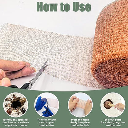 Copper Mesh Rodent Control, 5" x 100 ft Rustproof Copper Mesh Roll 100% Premium Copper Wool for Sealing Holes, Blocks Slugs, Snails, Mice & Pests – with Scissors, Gloves Shovel & 8PCS Lawn Staples