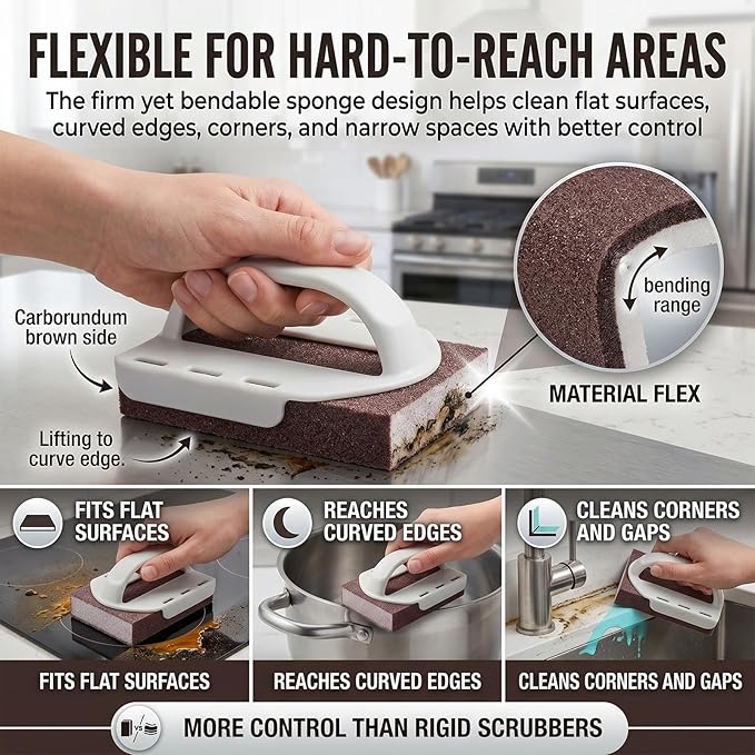 Magic Cleaning Sponge Nano Carborundum Emery Scrubber, Heavy Duty Kitchen Scrub Pad, Rust Remover with Handle, Eraser for Pots Pans Stainless Steel BBQ Grill Stove Grease Stains