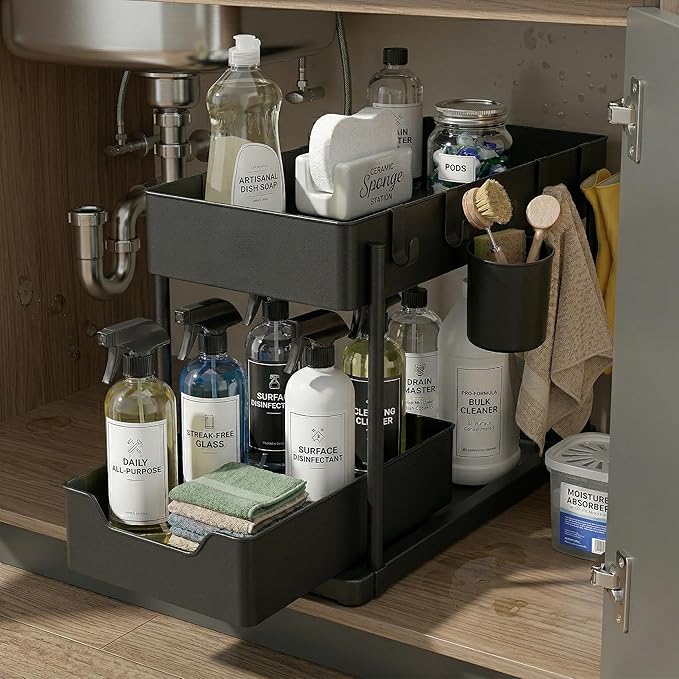 Under Sink Organizer – 2 Tier Sliding cabinet organizer with 4 Hooks & 1 Cup | Multi-Purpose Space Saving Shelf for under kitchen sink storage, Countertop, Bathroom, Pantry & Office Organization