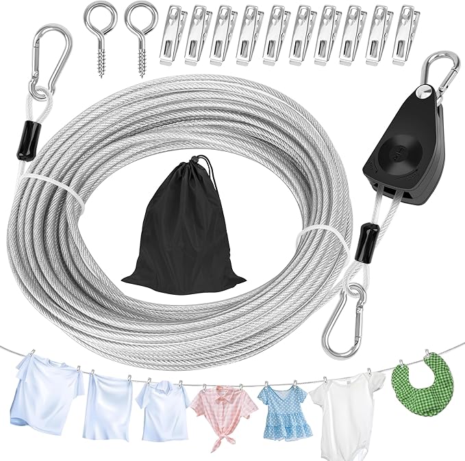 Windspeed 25Ft Retractable Clothesline Outdoor Heavy Duty Travel Clothesline Retractable Clothes Line for Outside Travel Camping Clothes Line, Galvanized Steel Material, with 10 Clips, Storage Bag