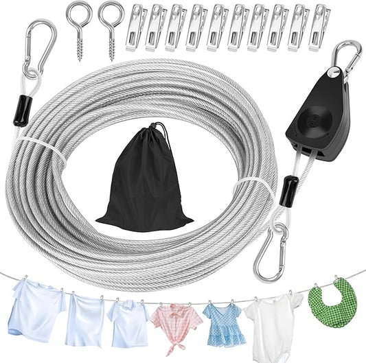 Windspeed 25Ft Retractable Clothesline Outdoor Heavy Duty Travel Clothesline Retractable Clothes Line for Outside Travel Camping Clothes Line, Galvanized Steel Material, with 10 Clips, Storage Bag