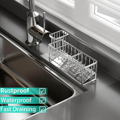 HapiRm Sponge Holder for Kitchen Sink - Self-draining Sink Caddy with Brush and Dishcloth Holders with Sloping Drainage - Silver