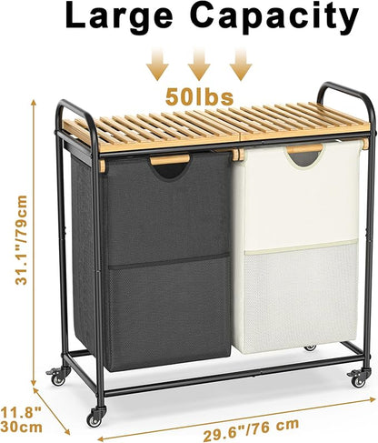 BambooHomie Laundry Sorter 2 Section, Laundry Hampers with Removable Shelf and Pull-Out Bags, Rolling Cart Clothes Hampers Basket with Wheels for Laundry Room Bathroom, 2 x 46 L