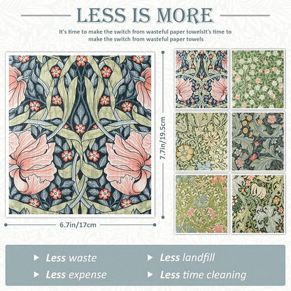 Quera William Morris Swedish Kitchen Dishcloth Vintage Floral Absorbent Cotton Kitchen Dish Towel for Party Home Housewarming Cleaning Counter Wipes 6.7 x 7.7 Inch, 6Pcs