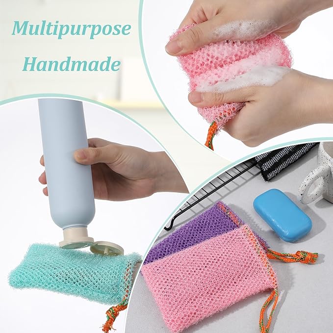 4 Pcs Mesh Soap Bags, 4 Colors Bar Soap Bags for Soaps Savers, Bar Soaps Loofah Bubble with Drawstring Foaming Nets Pocket for Shower Body Facial Cleaning