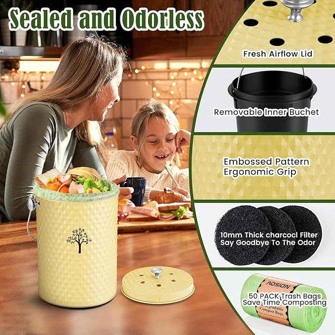 AOSION Countertop Compost Bin Kitchen,Odor Resistant Indoor Compost Bin with Lid and 50 Compost Bags,Compost Bucket Composter Container for Food Waste,Yellow,1.0 Gallon