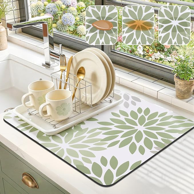 Findosom Floral Dish Drying Mat, 16" x 20" Super Absorbent & Hide Stain Coffee Mat, Cuttable Drying Mat for Kitchen Counter, Under Dish Rack, Coffee Maker, Espresso Machine, Sage Green