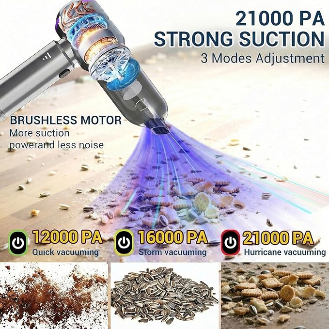 Mini Handheld Car Vacuum Cleaner Cordless - Vacuum & Blower 2-in-1, Powerful Suction for Pet Hair & Crumbs, 1.5lbs Ultra Lightweight, Type-C Fast Charging, 3 Speeds, for Car/Home/Office