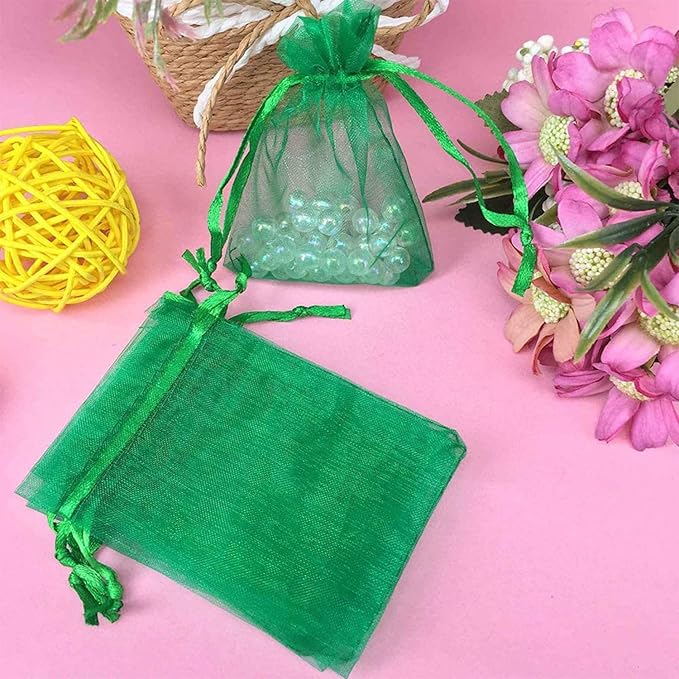 100 Pieces 5x7 inches Gift Wrap Bags Green, Organza Sheer Fabric,Drawstring Classy Present Bags for Baby Shower Favor,Candy,Christmas Favour,Sample Packing Decorative,Handmade Soap,Merchandise,Makeup