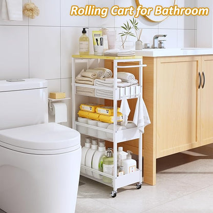 9.1" Wide Slim Rolling Utility Cart, 4 Tier Metal Narrow Storage Cart with Handle and Wood Top, Multifunctional Small Mobile Shelf Unit Organizer Trolley for Laundry, Bathroom, Kitchen