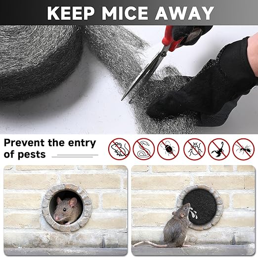 Steel Wool Mice Control, 65FT(1.1LB)#0 Steel Wool, Keep Mouse Away from Holes, Barrier and Gap Filler for Home, Wall, Garden, Kitchen, Pipeline in Garage, Medium