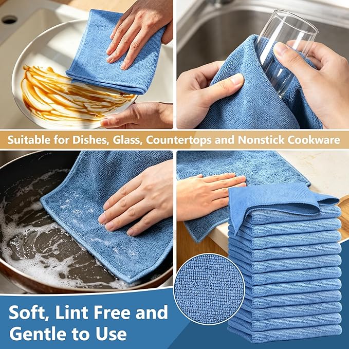 Kitchen Dish Cloths, 12 Pack, 10 x 10 Inches, Super Absorbent Microfiber Dish Towels, Soft Fast Drying Reusable Dish Rags for Washing Dishes, Countertops and Sink, Light Blue