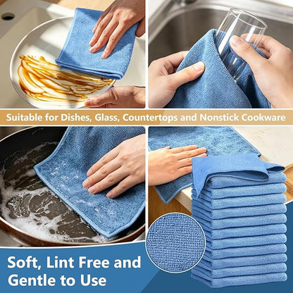 Kitchen Dish Cloths, 12 Pack, 10 x 10 Inches, Super Absorbent Microfiber Dish Towels, Soft Fast Drying Reusable Dish Rags for Washing Dishes, Countertops and Sink, Light Blue