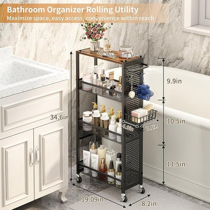 Slim Storage Rolling Cart: 4-Tier Narrow Metal and Wood Utility Cart with Wheels for Kitchen/Laundry/Bathroom(Black)