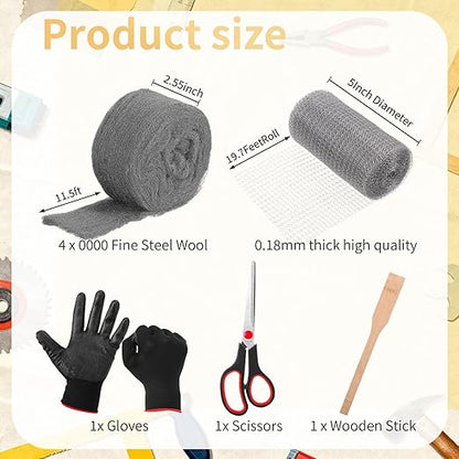 Steel Wool for Mice Control Mesh Rodent Control Kit 1 Pack Rustproof Mesh Roll and 0000 Steel Wool Mouse Hole Filler with Gloves, Scissors for House Garden Home Garage(5in X 19.7ft)