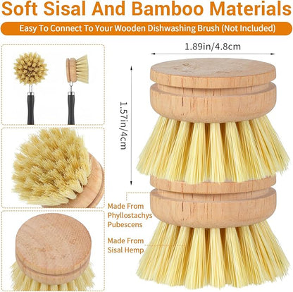 12 Pcs Bamboo Dish Brush Replacement Heads, Wooden Dish Brushes for Cleaning – Kitchen Wood Dish Scrubbers Washing Up Brush Heads Natural Bristle Brush Refills for Dishes, Pots