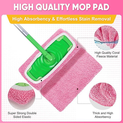 6-Pack Reusable Microfiber Mop Pads Compatible with Swiffer Sweeper, Dry & Wet Sweeping Cloths - Washable Wet Pads Refill for Multi-Surface/Hardwood Floor Cleaning -Pink