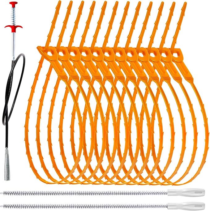 34inch Drain Snake (1pc), 20inch Hair Drain Clog Remover (12 pcs) & 18Inch Cleaner Brush (2 pcs), Sink Plumbing Snake Drain Tool Unclogger Tool Set For Kitchen, Bathroom Tub, Sewer, Toilet