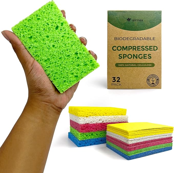 AIRNEX Compressed Cellulose Sponges - 32 Pack Natural Pop Up Dish Sponge for Kitchen - Compostable Plant-Based Cleaning Sponges Bulk – Non Scratch Natural Sponge for Dishes & Household Cleaning