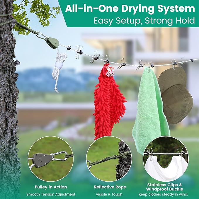 Retractable Travel Clothesline, 19FT Adjustable Heavy-Duty Line with Reflective Pulley System, Stainless Hooks & Clips – Portable for Camping, Cruise, Hotel, Balcony & Outdoor Laundry (Army Green)