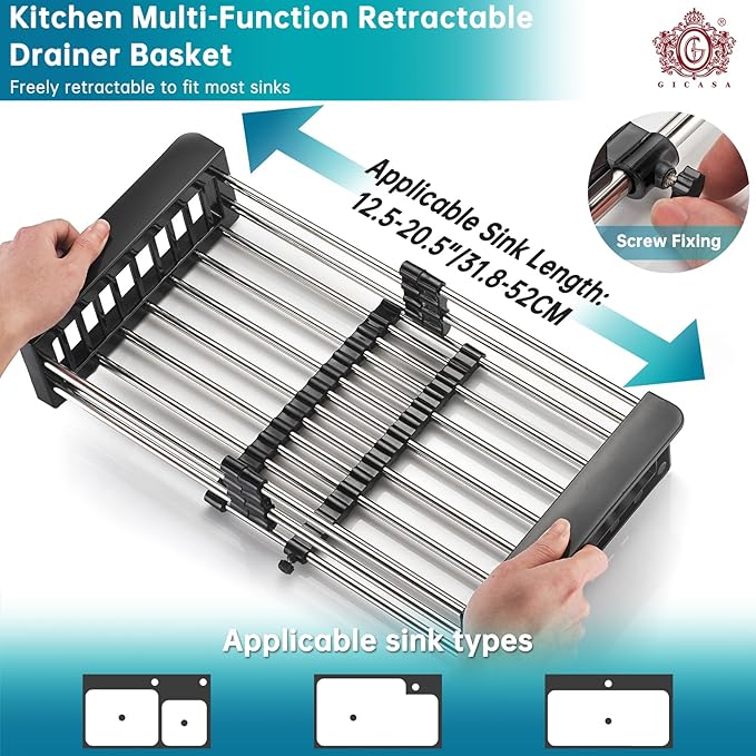 Sink Dish Drying Rack, Stainless Steel Drainer for 12.5"-20.5" Sinks, Kitchen Countertop Organizer for Dishes, Vegetables, and Fruits (Black & Large Size)