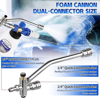 Pressure Washer Foam Cannon with Dual-Connector Tool, Pressure Washer Foam Lance Jet Wash Sprayer with M22-14 and 1/4 Inch Quick Connect, Adjustable Soap Dispenser, 1 Liter, 1/4 Double Tip Attachment