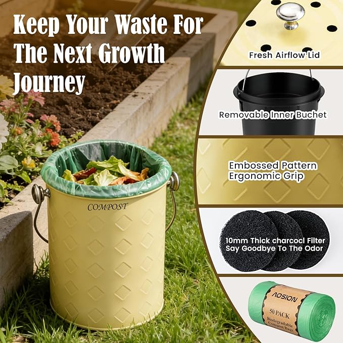 AOSION Countertop Compost Bin Kitchen,Odorless Indoor Compost Bin with Lid,Farmhouse Composter Container for Food Waste,Includes 2 Carbon Filters, Small Compost Bucket,Trash Bags (Modern, Yellow)